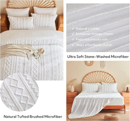 MR&HM California King Comforter Set White, 7 Pieces Tufted Boho Beddding Sets, Farmhouse Style Bed in a Bag with 1 Comforter, 2 Pillow Shams, 2 Pillowcases, 1 Flat Sheet, 1 Fitted Sheet