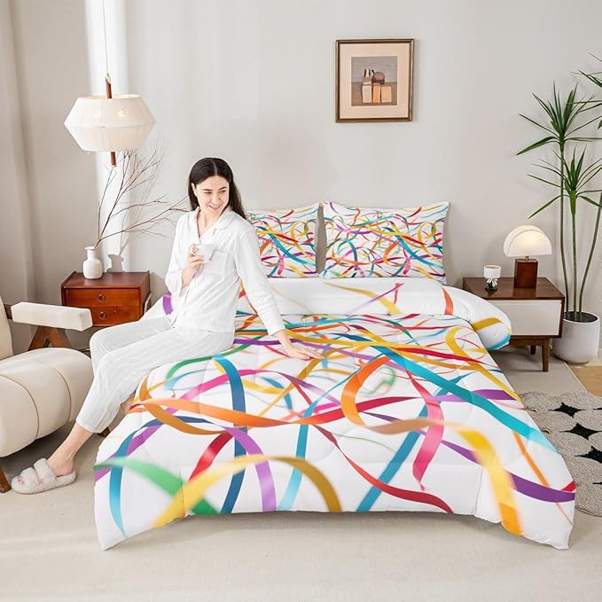 Erosebridal Bedding Set Toddler Size Rainbow Stripe Comforter Set for Kids Girls Boys Aesthetic White Teal Blue Comforter Warm Soft Quilt Insert