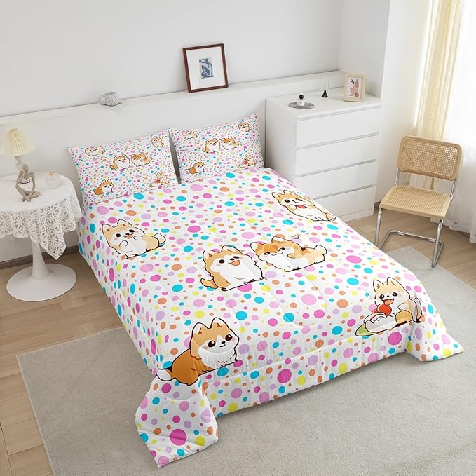 Castle Fairy Kawaii Dogs Twin Size Down Comforter Set,Colorful Polka Dots Duvet/Quilt Set Soft Bed Collection,Cartoon Puppies Cute Pet Theme Bedding Comforter for Boys Girls Bedroom,2 Pcs