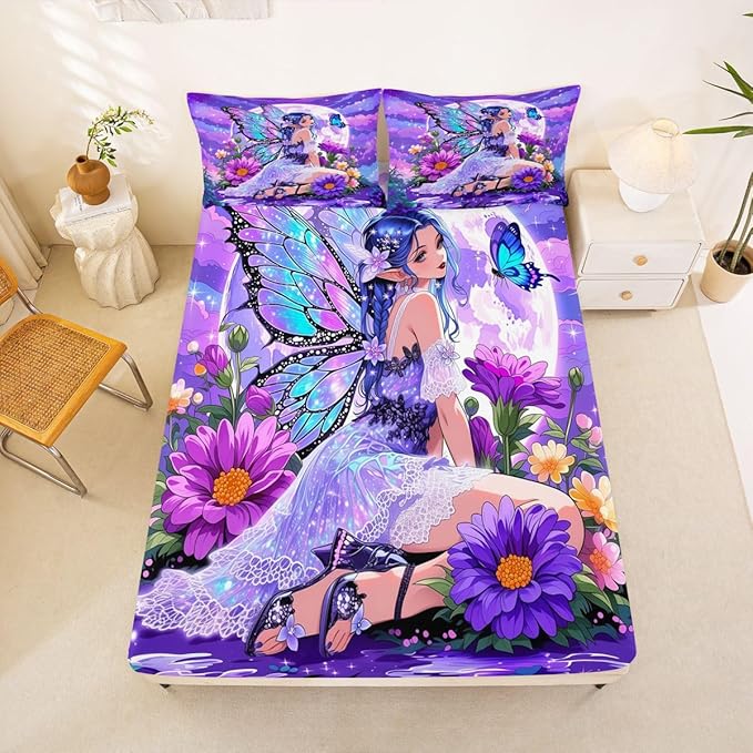 Erosebridal Fairy Girl Fitted Sheet Queen Flower Fairytale Bed Sheets for Boys Girls Blue Butterfly Floral Decor Bed Set Purple Galaxy Moon Sheets with 2 Pillowcases