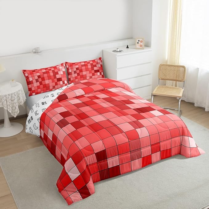 Manfei Pixelated Kids Comforter Set Twin Size,Patchwork Grid Video Games Bedding Set Boys Girls Room Decor,Miners Lattice Simple Quilt Comforter,Red Duvet Set Bedroom Quilt Set,1 Pillowcase