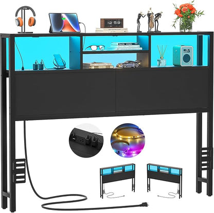 Aheaplus Headboard for Full Size Bed with Storage, Headboards with Outlets | Full Size Head Board Only, with USB Ports and LED Light, Height Adjustable, Reversible, Sturdy & Stable Headboard, Black