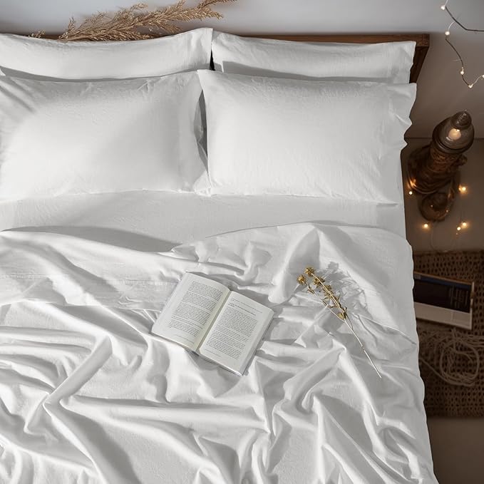 LBRO2M 100% Pure Linen Sheet Set Deep Pocket Up to 16" Bed Sheets Sets, Natural Flax Beddings Soft, Breathable, Comfortable for All Seasons 6 Pcs Sheet Set Queen Size, White