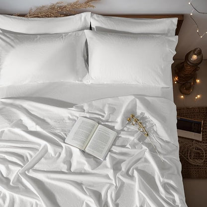 LBRO2M 100% Pure Linen Sheet Set Deep Pocket Up to 16" Bed Sheets Sets, Natural Flax Beddings Soft, Breathable, Comfortable for All Seasons 6 Pcs Sheet Set Cal King Size, White