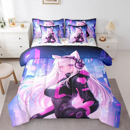 Erosebridal Queen Anime Girl Bedding Set 7 Piece, Kawaii Japanese Anime Comforter Sets Cartoon Girl Sheet Set Sci Fi Style Japanese Animation Bed in A Bag for Kids Girls Teens Adult Women Room