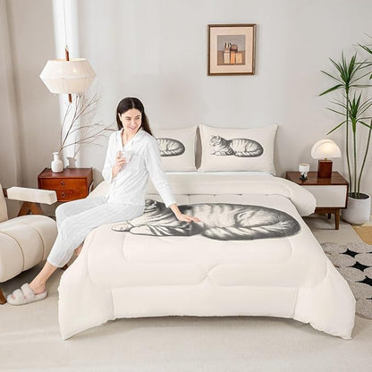 Erosebridal Cat Comforter Set Queen Size Kitten 3D Quilt Insert for Kids Boys Girls Kawaii Sketch Animal Cute Beige White Comforter Warm Soft Bedding Set