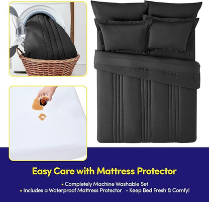 Queen Comforter Set Quilted Stripe Bedding Bundle – Comforter, Mattress Protector, Sheets with Pockets on the Side & Built-in Corner Strap – Fitted Sheet Media Pocket for Devices, Black