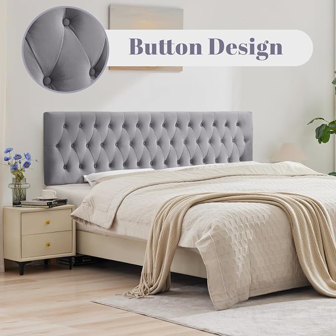Tufted Upholstered Twin Size Velvet Headboard in Modern Button Design, Adjustable Solid Wood Head Board, Premium Sponge Padded Headboards in Bedroom (Gray)