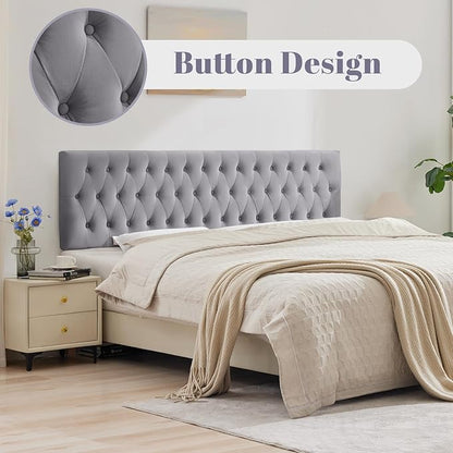 Tufted Upholstered Queen Size Bed Headboard in Modern Button Design, Adjustable Solid Wood Head Board, Premium Velvet Fabric Padded Headboards in Bedroom (Gray, Queen)