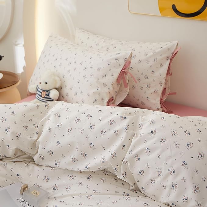 VM VOUGEMARKET Girls Duvet Cover Queen Ditsy Floral Bedding Set Cotton Cottagecore Duvet Cover and 2 Pillowcase with Bow-tie Girls Cute Comforter Cover with Zipper Closure