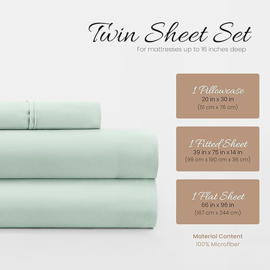 Linen Market Brushed Microfiber Twin XL Sheet Set 3 Piece – Oeko-TEX Certified Ultra Soft & Wrinkle-Free - 16" Deep Pocket Sheets - Easy Care Twin XL Size - Mint