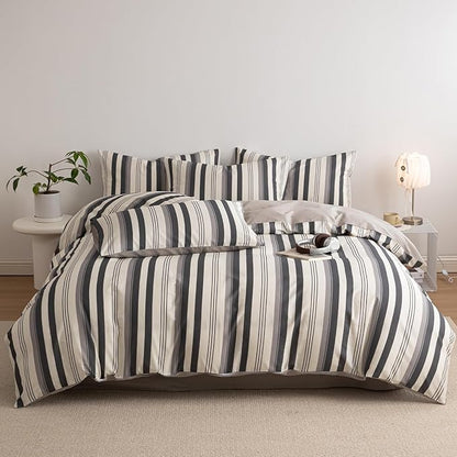 Striped King Duvet Cover Off White Charcoal Gray King Comforter Cover Cotton Boho Patterned Soft Duvet Cover Set with Hidden Zipper Vertical Stripe Bedding Set Farmhouse Duvet Protector