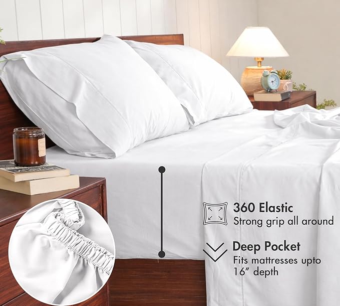 RUVANTI 100% Cotton Sheets – King Size Percale Bedding, Cooling & Breathable, Durable with a Crisp, Soft & Comfortable Feel, 16" Deep Pocket, 4-Piece Set, Bright White