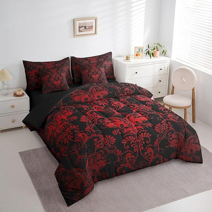 Erosebridal Gothic Damask 7 Piece Comforter Set Full Bed in a Bag,Sun Moon Tree of Life Bedding Sets Red Black Victorian Floral Goth Sheet Set with Comforter