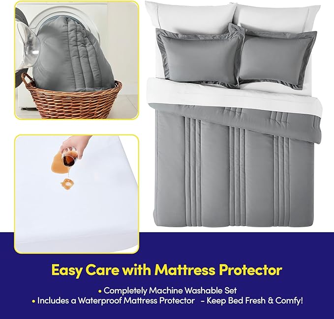 Queen Comforter Set Quilted Stripe Bedding Bundle – Comforter, Mattress Protector, Sheets with Pockets on the Side & Built-in Corner Strap – Fitted Sheet Media Pocket for Devices, Gray/Silver