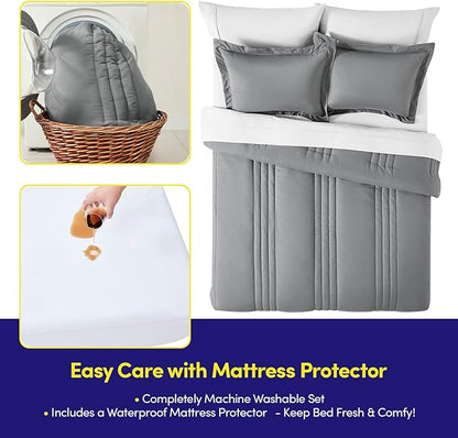 Full Size Comforter Set Quilted Stripe Bedding Bundle – Comforter, Mattress Protector, Sheets with Pockets on the Side & Built-in Corner Strap – Fitted Sheet Media Pocket for Devices, Gray/Silver