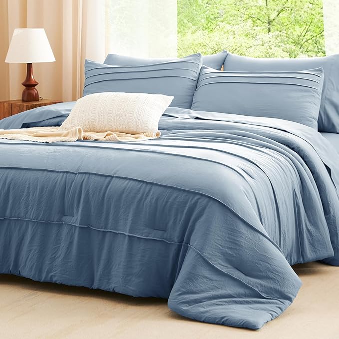 CozyLux Full Size Comforter Set Grayish Blue, 7 Pieces Soft Pinch Pleat Bed in a Bag Full Comforter Set with Sheets, Boho Bed Set with Down Alternative Comforter, Sheets, Pillowcases & Shams