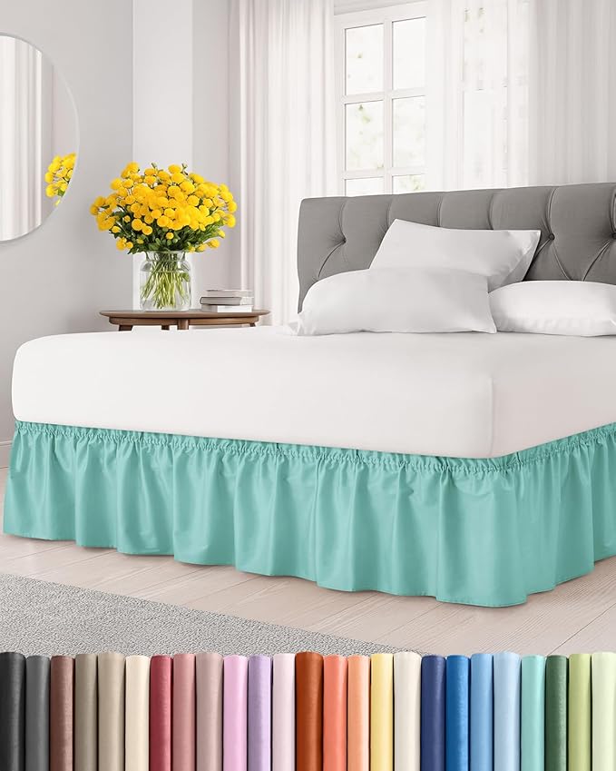 Wrap Around Dust Ruffle Bed Skirt - Spa Blue - for Full Size Beds with 15 Inch Drop - Easy Fit Elastic Strap - Adjustable Pleated Bedskirt w/Brushed Fabric Wrinkle Free - for Women, Men, Kids & Teens