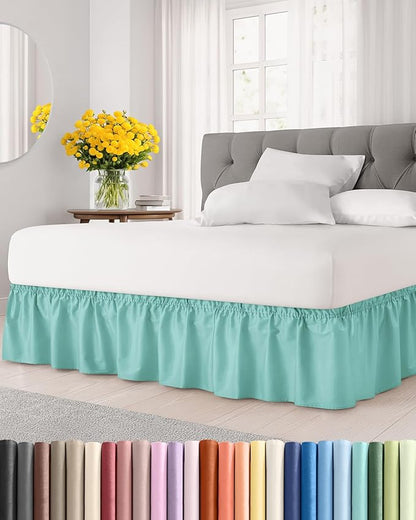 Wrap Around Dust Ruffle Bed Skirt - Spa Blue - Twin/Twin XL Size Beds with 15 Inch Drop - Easy Fit Elastic Strap - Adjustable Pleated Bedskirt w/Brushed Fabric Wrinkle Free - Women, Men, Kids & Teens