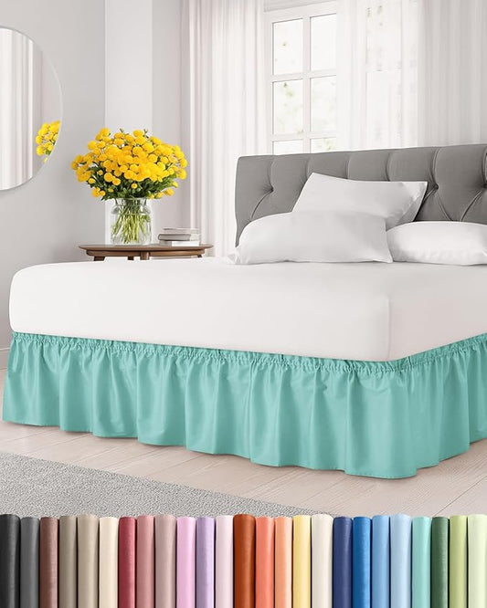 Wrap Around Dust Ruffle Bed Skirt - Spa Blue - for Queen Size Beds with 24 Inch Drop - Elastic Strap - Adjustable Pleated Bedskirt with Brushed Fabric and Wrinkle Free - for Women, Men, Kids & Teens