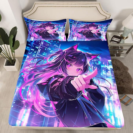 Erosebridal Kids Anime Girl Queen Size Bedding Set, Japanese Anime Bed Sheets, Cartoon Girl Fitted Sheet for Boys Teens Bedroom Decor, Kawaii Japanese Animation Bed Set with 2 Pillow Cases