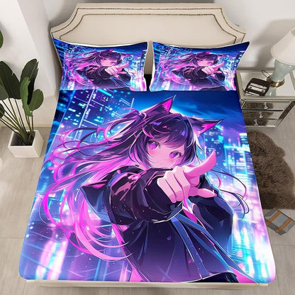 Erosebridal Kids Anime Girl Full Size Bedding Set, Japanese Anime Bed Sheets, Cartoon Girl Fitted Sheet for Boys Teens Bedroom Decor, Kawaii Japanese Animation Bed Set with 2 Pillow Cases
