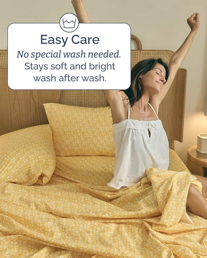 Floral Sheets - Yellow Floral Bed Sheet Set - 1 Flat, 1 Fitted & 2 Pillowcases w/ Deep Pockets - Wrinkle & Fade Free - Boho Botanical Bedding - Ultra-Soft, Breathable and Cooling - Cal King Size Set
