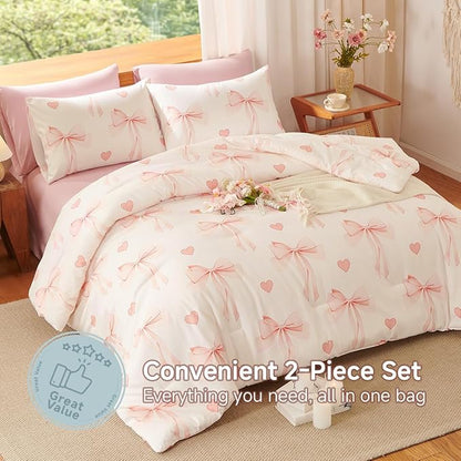 Pink Bow Comforter Set Twin Size - 2 Pieces Pink White Heart Comforter Bedding Sets Reversible Pattern,Twin Bed in a Bag for Girls Comforter and 1 Pillowcase