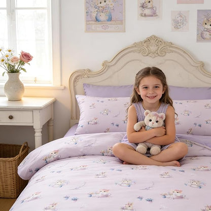 Taro Purple Priness Comforter Set Full Size for Girls, 3Pcs Botanical Floral Bedding for Girly Bedroom Decor, Cute Cat Kitten Comforter Set with 2 Pillowcases, 79"x90"