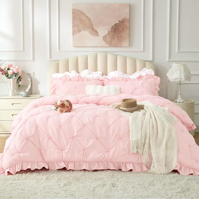 BEDELITE Baby Pink Twin Comforter Set - 2 Peices Boho Ruffle Pintuck Bedding Comforter Sets, Lightweight Soft & Warm Twin Bedding Sets with 1 Pillowcase for All Season