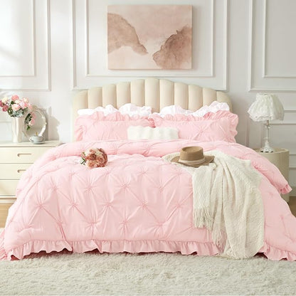 BEDELITE Baby Pink Twin Comforter Set - 2 Peices Boho Ruffle Pintuck Bedding Comforter Sets, Lightweight Soft & Warm Twin Bedding Sets with 1 Pillowcase for All Season