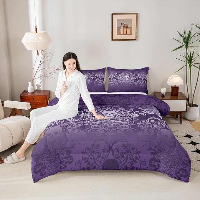 Feelyou Adults Gothic Skull Bedding Set Queen Size Kids Damask Print Comforter Goth Bohemian Duvet Breathable Soft Lightweight Microfiber Purple Room Decor with 2 Pillowcases