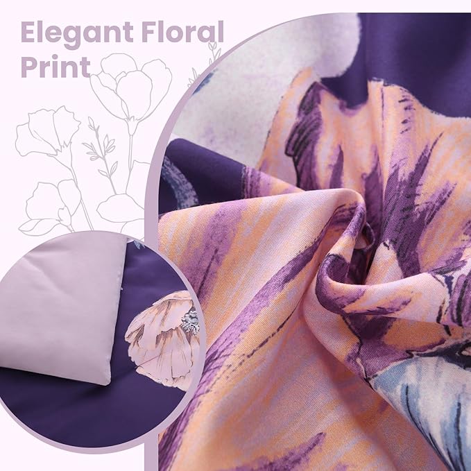 Queen Comforter Set - 7 Pieces Bed in a Bag Dark Purple Floral Queen Comforter Set with Sheets, Soft Microfiber Flower Complete Bedding Set for All Seasons（Dark Purple,90"x90"）