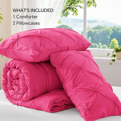 BEDELITE Hot Pink Queen Comforter Set - 3 Pieces Boho Pintuck Bedding Comforter Sets, Lightweight Soft & Warm Bed Comforter Queen with 2 Pillowcases for All Season