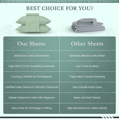 Feather & Stitch 500 TC King Size 4pc Damask Bed Sheet Set, 100% Soft Cotton Breathable Bedsheets, 18" Deep Pockets Sateen Weave Striped Bedding Mattress Resort Hotel Luxury Decor - (Soft Sage)