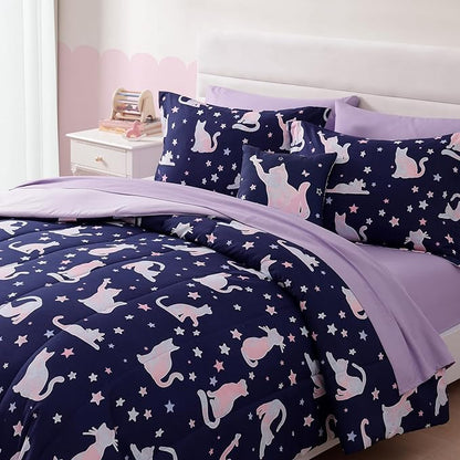 Twin Comforter Set for Girls-5 Pieces Cute Cat Twin Bedding Sets for Kids, Ultra Soft Bed in A Bag with Sheets