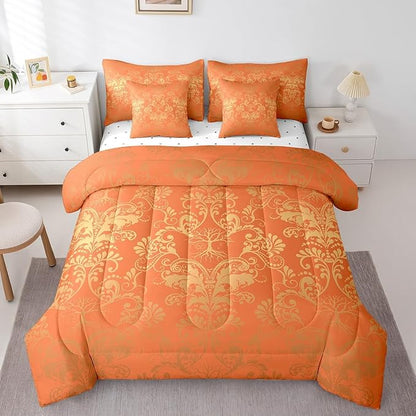 Erosebridal Gothic Damask Bed in a Bag King Size Comforter Set 7 Pieces,Sun Moon Tree of Life Bedding Sets Orange and Yellow Victorian Floral Goth Sheet Set with Comforter