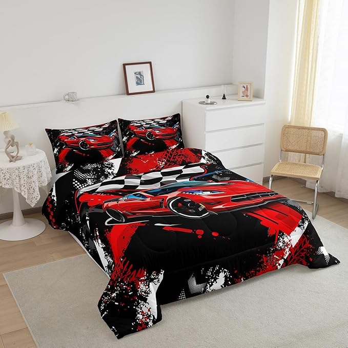 Feelyou Car Bedding Set for Boys Cool Racing Sports Comforter Cover Kids Children Extreme Theme Modern Red Automobile Duvet Room Decor 1 with 2 Pillow Case Full Size SX8528BZZSJ