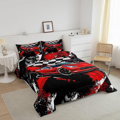 Car Bedding Set For Boys Cool Racing Sports Car Comforter Cover for Kids Children Extreme Sports Theme Comforter Modern Red Automobile Duvet Set Room Decor 1 Comforter With 1 Pillow Case Twin Size