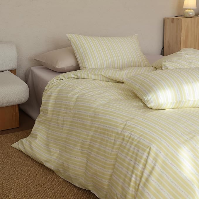Floral Comforter Full Yellow Striped Bedding Set Fluffy Cotton Down Alternative Girls Bedding Comforter Sets Cozy Boho Stripe Light Weight Bed Comforter with 2 Pillowcases