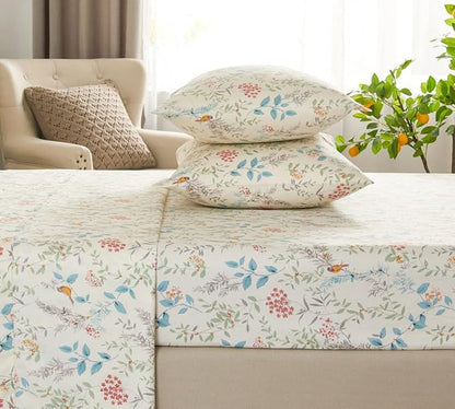 DAUAOTO Cotton Sheets Set California King Printed Bedding Sets, Bird Botanical Pattern Bedlinen for Cal King Bed Up to 14" Deep Mattress Cream