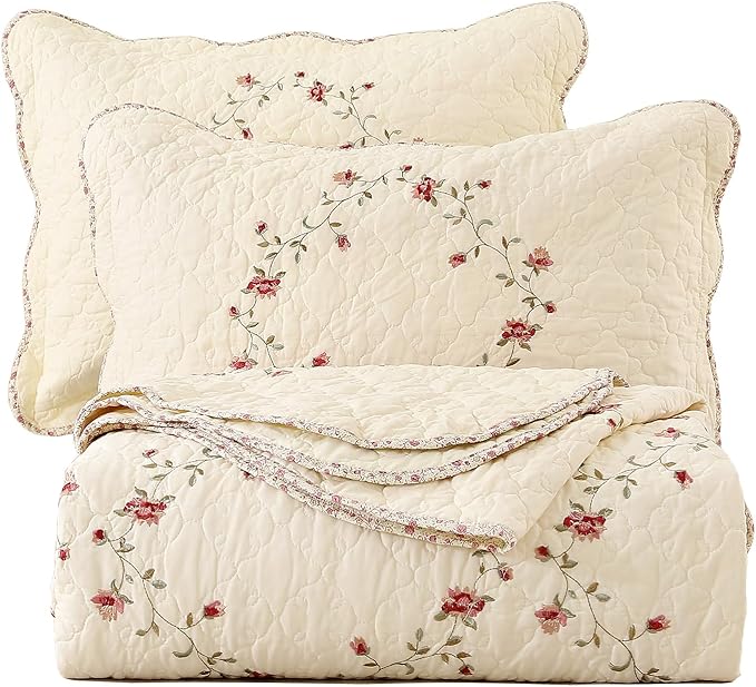 vctops 3-Piece Floral Embroidered Bedspread Coverlet Set Oversize Queen 100% Cotton Reversible Patchwork 1 Quilt and 2 Pillow Shams (Flower,Oversize Queen)