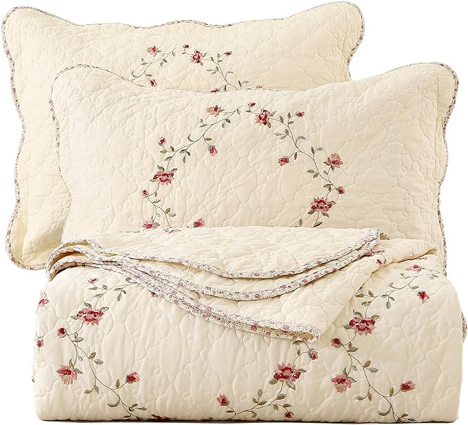 vctops 3-Piece Floral Embroidered Bedspread Coverlet Set 100% Cotton Reversible Patchwork 1 Quilt and 2 Pillow Shams Full/Queen, Flower
