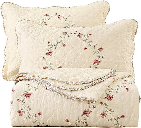 vctops 3-Piece Floral Embroidered Bedspread Coverlet Set 100% Cotton Reversible Patchwork 1 Quilt and 2 Pillow Shams Full/Queen, Flower