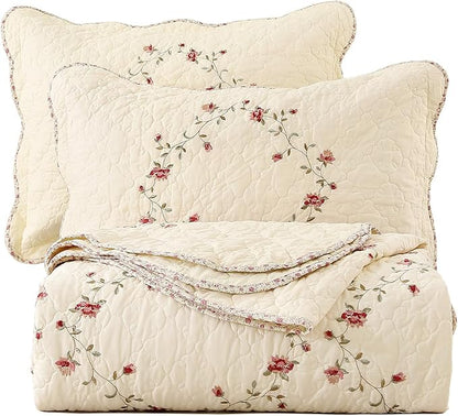 vctops 3-Piece Floral Embroidered Bedspread Coverlet Set King Size 100% Cotton Reversible Patchwork 1 Quilt and 2 Pillow Shams (Flower,King)