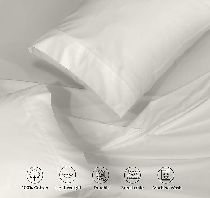 RUVANTI 100% Cotton Sheets – Twin XL Size Percale Bedding, Cooling & Breathable, Durable with a Crisp, Soft & Comfortable Feel, 16" Deep Pocket, 3-Piece Set, Ivory