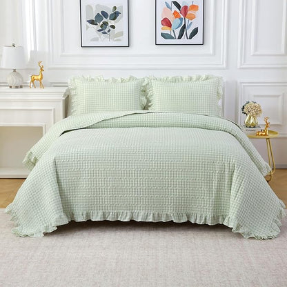 Pile Green White Ruffle Gingham Quilt Set Queen Size with Pillow Shams, 100% Washed Cotton Yarn-Dyed Quilted Bedspread Bedding Set (Pile Green, Queen)
