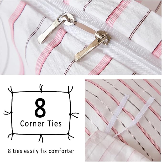 Merryword 100% Cotton Duvet Cover Set Queen Size - White & Pink Stripes Duvet Cover with Pillowcases, Soft Breathable Bedding Set Modern Minimalist Pinstripe Comforter Cover for All Seasons