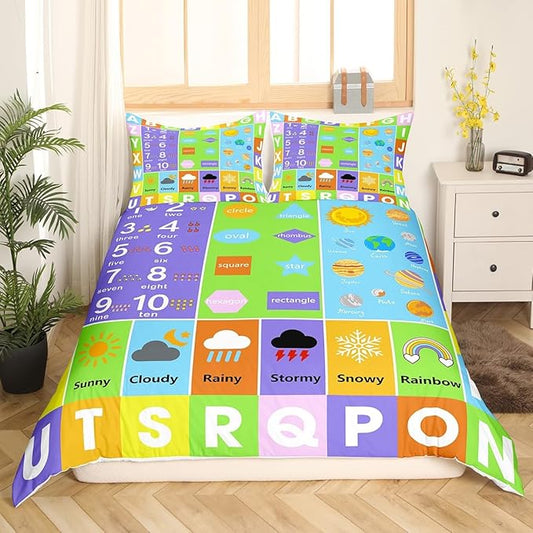 Castle Fairy Alphabet Bedding Set for Kids,Educational Weather Planets Number Comforter Cover with Zipper Closure,Watercolor Patchwork Bedding Set Twin Size,Boys Girls Ultra Soft Quilt Cover