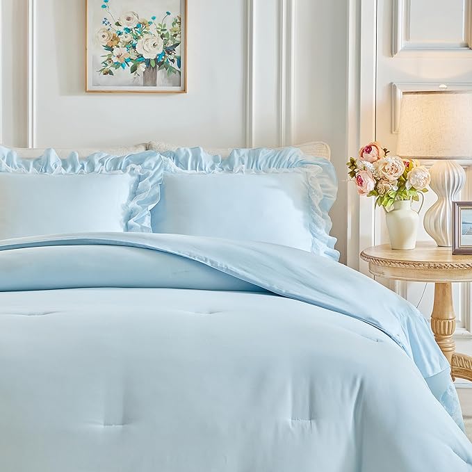 Joyreap King Size Comforter Set Blue, 3pcs Lace Ruffled Bedding Comforter Set, Microfiber Vintage Boho Chic Bedding Set for All Season- 100x88 inches